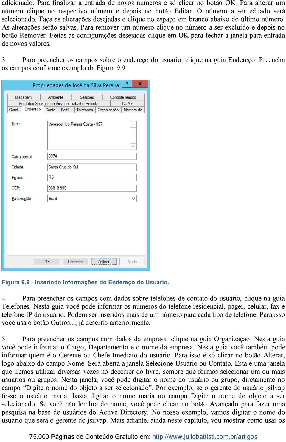 Feitas as configurações desejadas clique em OK para fechar a janela para entrada de novos valores. 3. Para preencher os campos sobre o endereço do usuário, clique na guia Endereço.