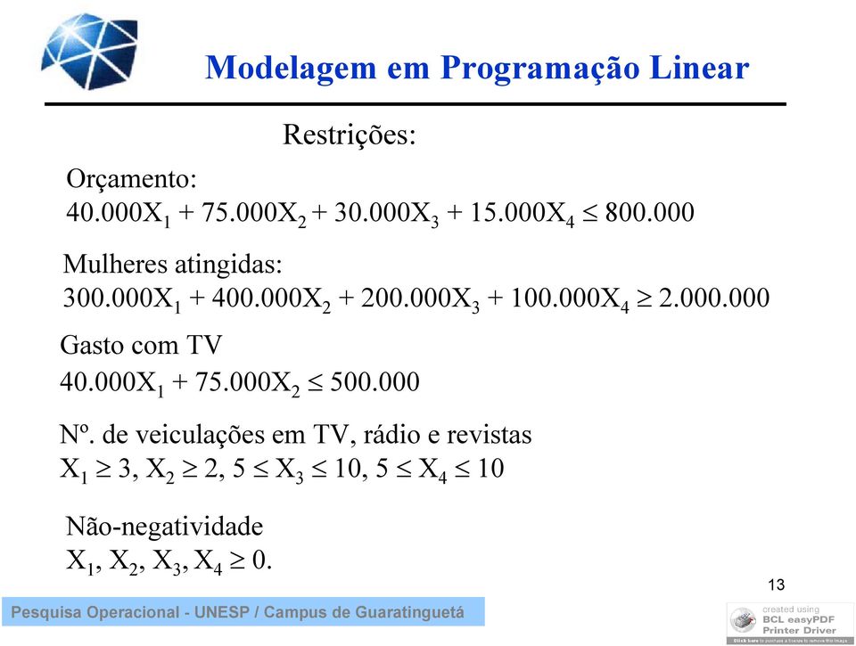 000X 3 + 100.000X 4 2.000.000 Gasto com TV 40.000X 1 + 75.000X 2 500.000 Nº.