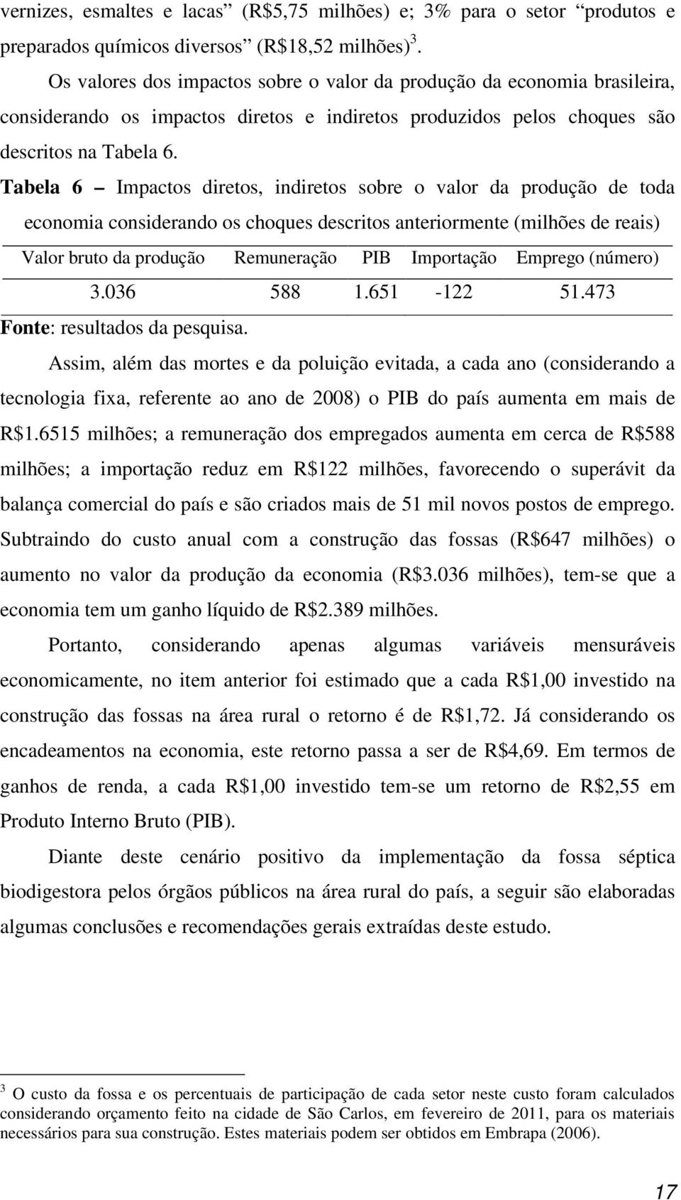 Tabela 6 Impactos diretos, indiretos sobre o valor da produção de toda economia considerando os choques descritos anteriormente (milhões de reais) Valor bruto da produção Remuneração PIB Importação