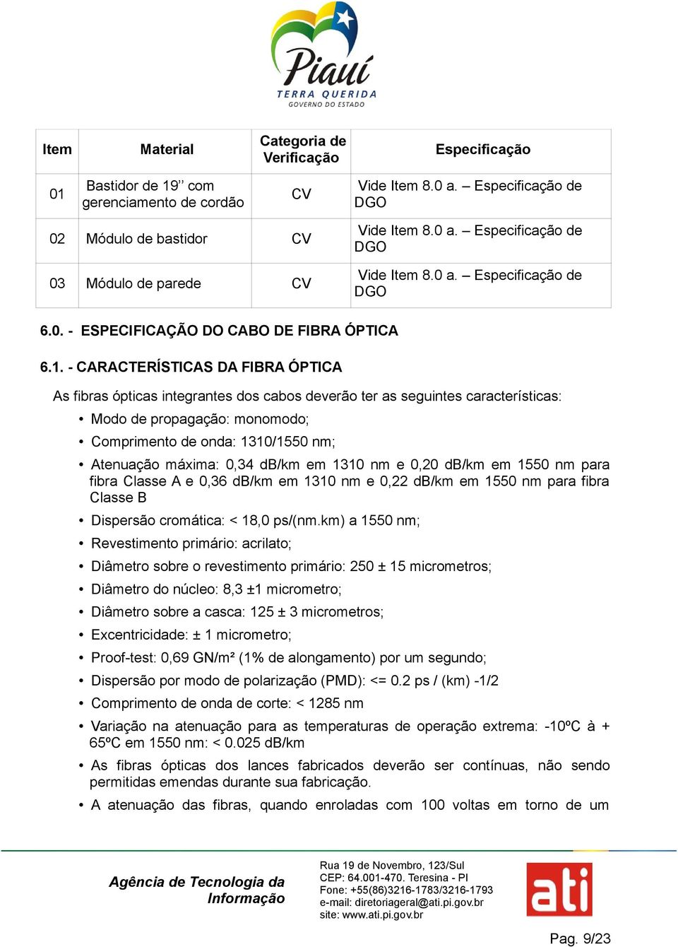 - CARACTERÍSTICAS DA FIBRA ÓPTICA As fibras ópticas integrantes dos cabos deverão ter as seguintes características: Modo de propagação: monomodo; Comprimento de onda: 1310/1550 nm; Atenuação máxima: