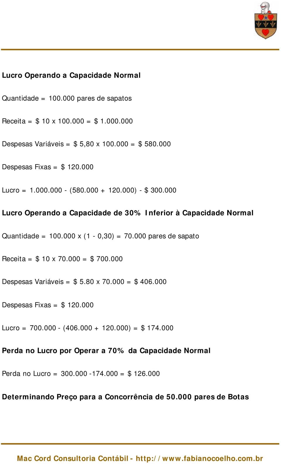 000 x (1-0,30) = 70.000 pares de sapato Receita = $ 10 x 70.000 = $ 700.000 Despesas Variáveis = $ 5.80 x 70.000 = $ 406.000 Despesas Fixas = $ 120.000 Lucro = 700.