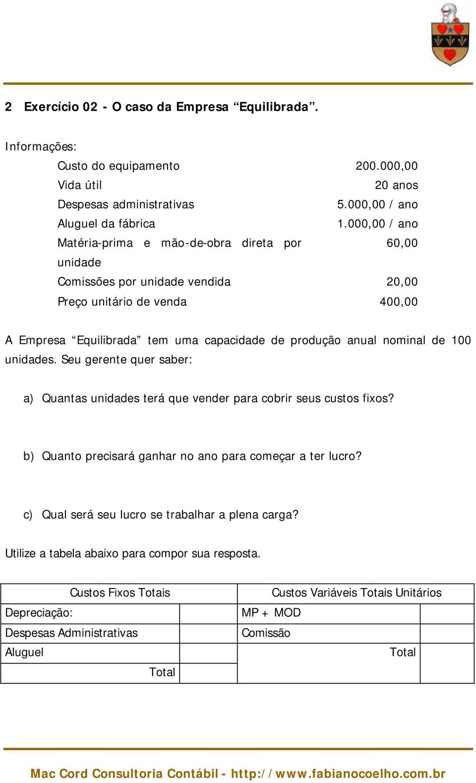 nominal de 100 unidades. Seu gerente quer saber: a) Quantas unidades terá que vender para cobrir seus custos fixos? b) Quanto precisará ganhar no ano para começar a ter lucro?