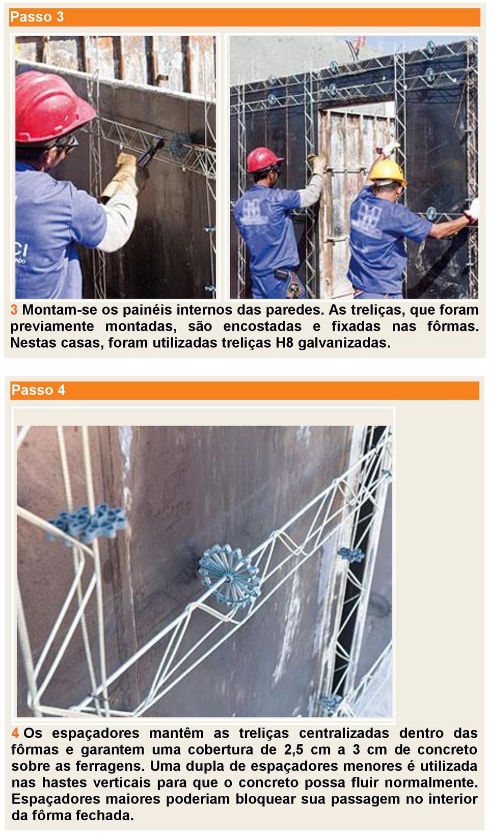 Passo 4 4 Os espaçadores mantêm as treliças centralizadas dentro das fôrmas e garantem uma cobertura de 2,5 cm a 3 cm de concreto