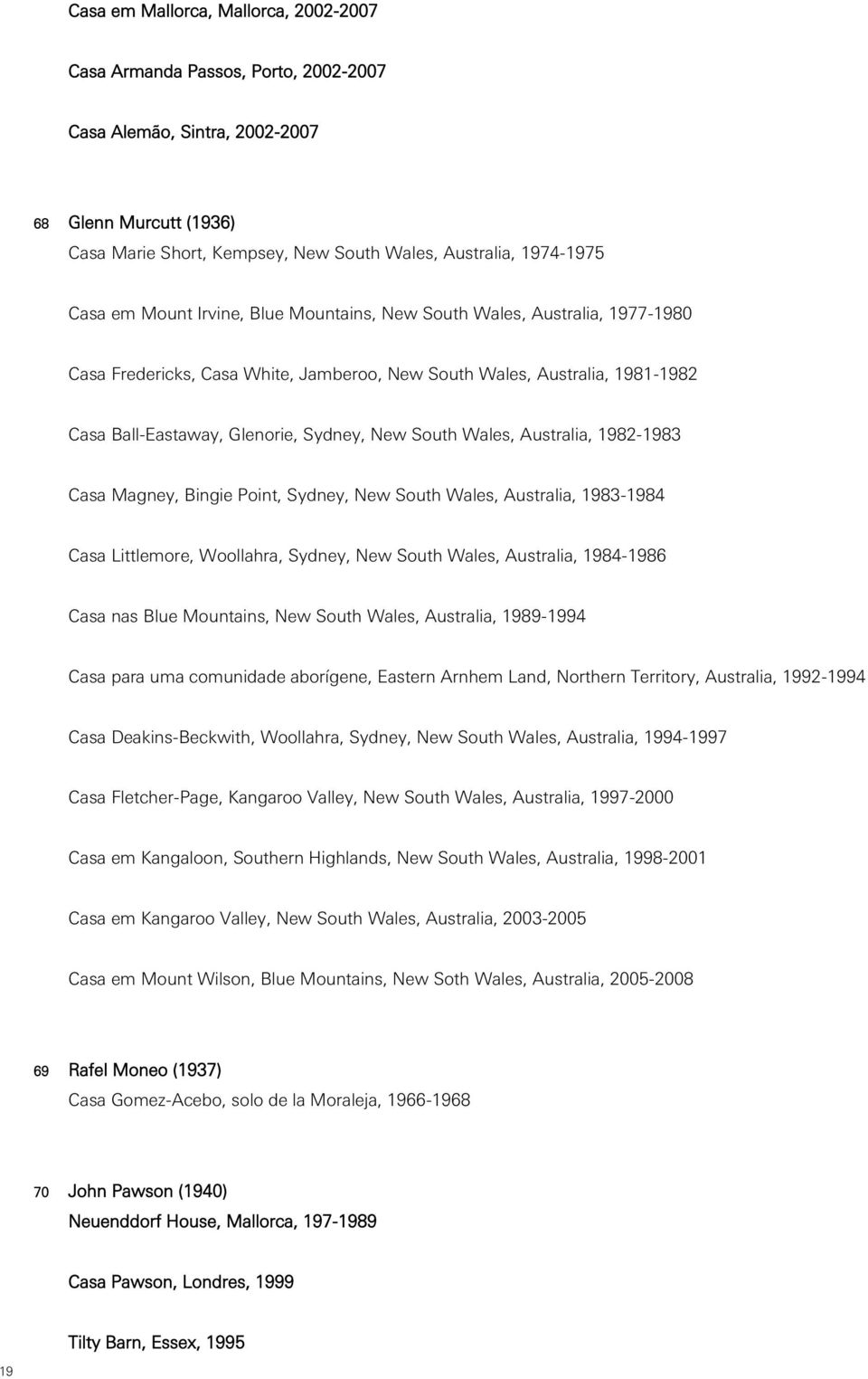 South Wales, Australia, 1982-1983 Casa Magney, Bingie Point, Sydney, New South Wales, Australia, 1983-1984 Casa Littlemore, Woollahra, Sydney, New South Wales, Australia, 1984-1986 Casa nas Blue