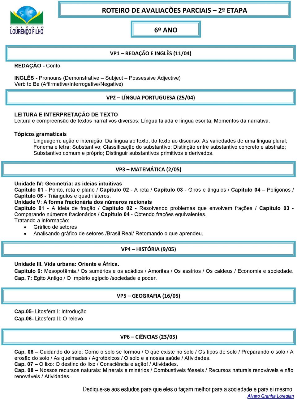 Linguagem: ação e interação; Da língua ao texto, do texto ao discurso; As variedades de uma língua plural; Fonema e letra; Substantivo; Classificação do substantivo; Distinção entre substantivo