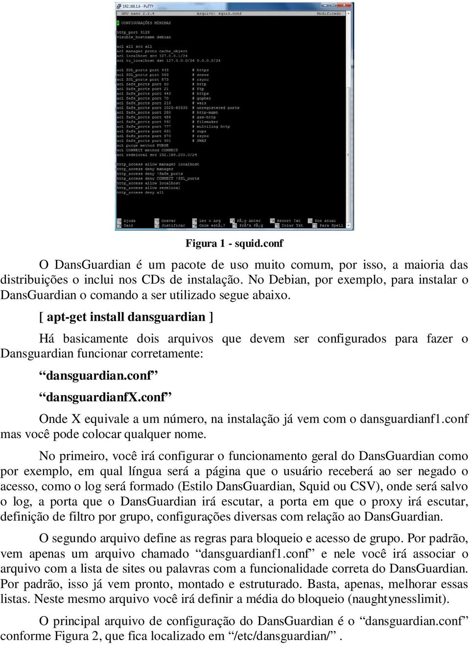 [ apt-get install dansguardian ] Há basicamente dois arquivos que devem ser configurados para fazer o Dansguardian funcionar corretamente: dansguardian.conf dansguardianfx.