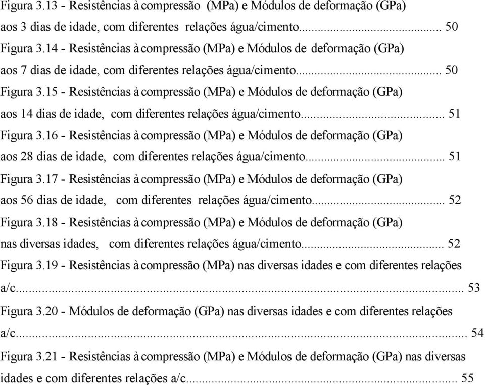 15 - Resistências à compressão (MPa) e Módulos de deformação (GPa) aos 14 dias de idade, com diferentes relações água/cimento... 51 Figura 3.