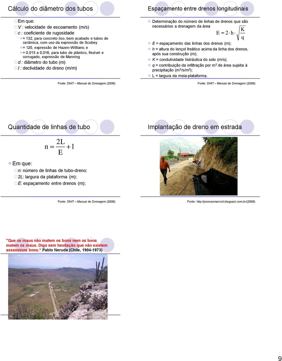 longitudinais Determinação do número de linhas de drenos que são necessários a drenagem da área E 2 K q E = espaçamento das linhas dos drenos (m); h = altura do lençol freático acima da linha dos