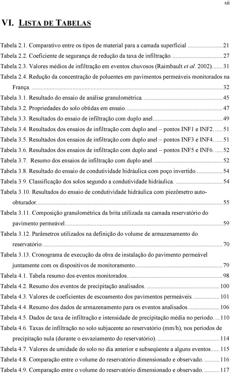 ..45 Tabela 3.2. Propriedades do solo obtidas em ensaio....47 Tabela 3.3. Resultados do ensaio de infiltração com duplo anel...49 Tabela 3.4. Resultados dos ensaios de infiltração com duplo anel pontos INF1 e INF2.