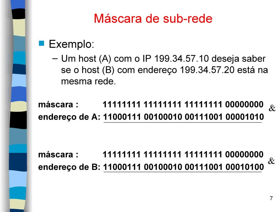 máscara : 11111111 11111111 11111111 00000000 endereço de A: 11000111 00100010