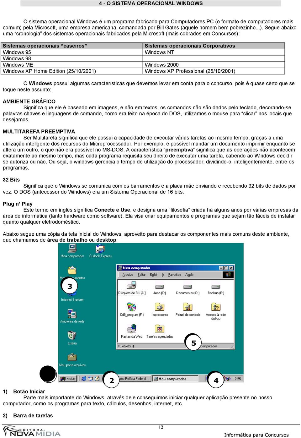 Segue abaixo uma cronologia dos sistemas operacionais fabricados pela Microsoft (mais cobrados em Concursos): Sistemas operacionais caseiros Sistemas operacionais Corporativos Windows 95 Windows NT