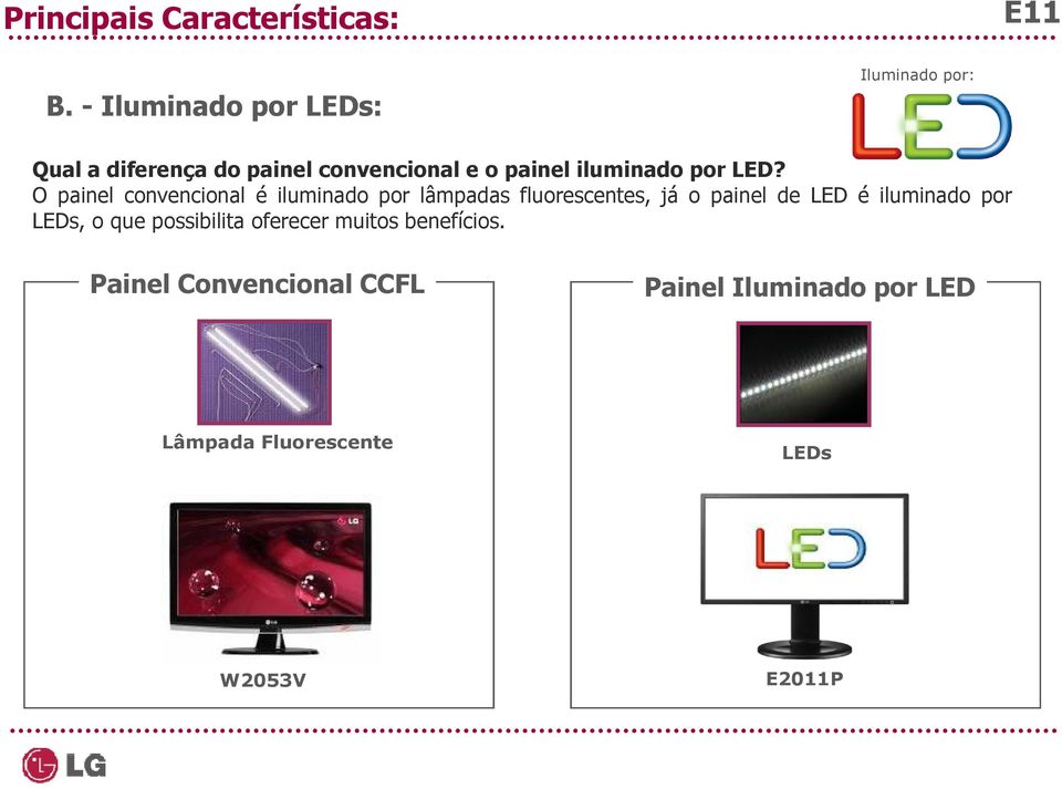 O painel convencional é iluminado por lâmpadas fluorescentes, já o painel de LED é