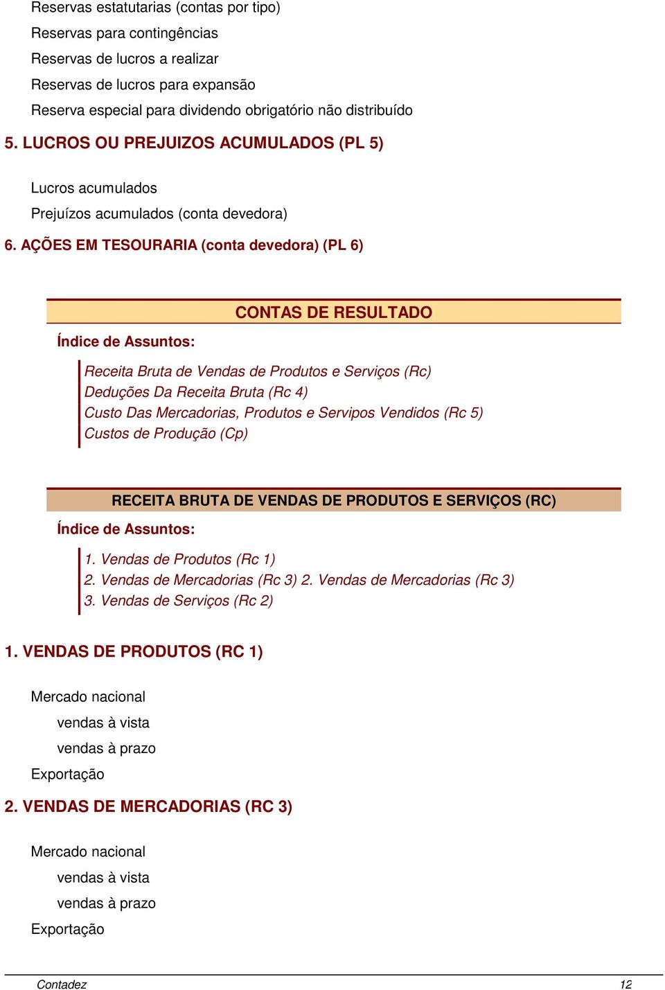 AÇÕES EM TESOURARIA (conta devedora) (PL 6) CONTAS DE RESULTADO Receita Bruta de Vendas de Produtos e Serviços (Rc) Deduções Da Receita Bruta (Rc 4) Custo Das Mercadorias, Produtos e Servipos