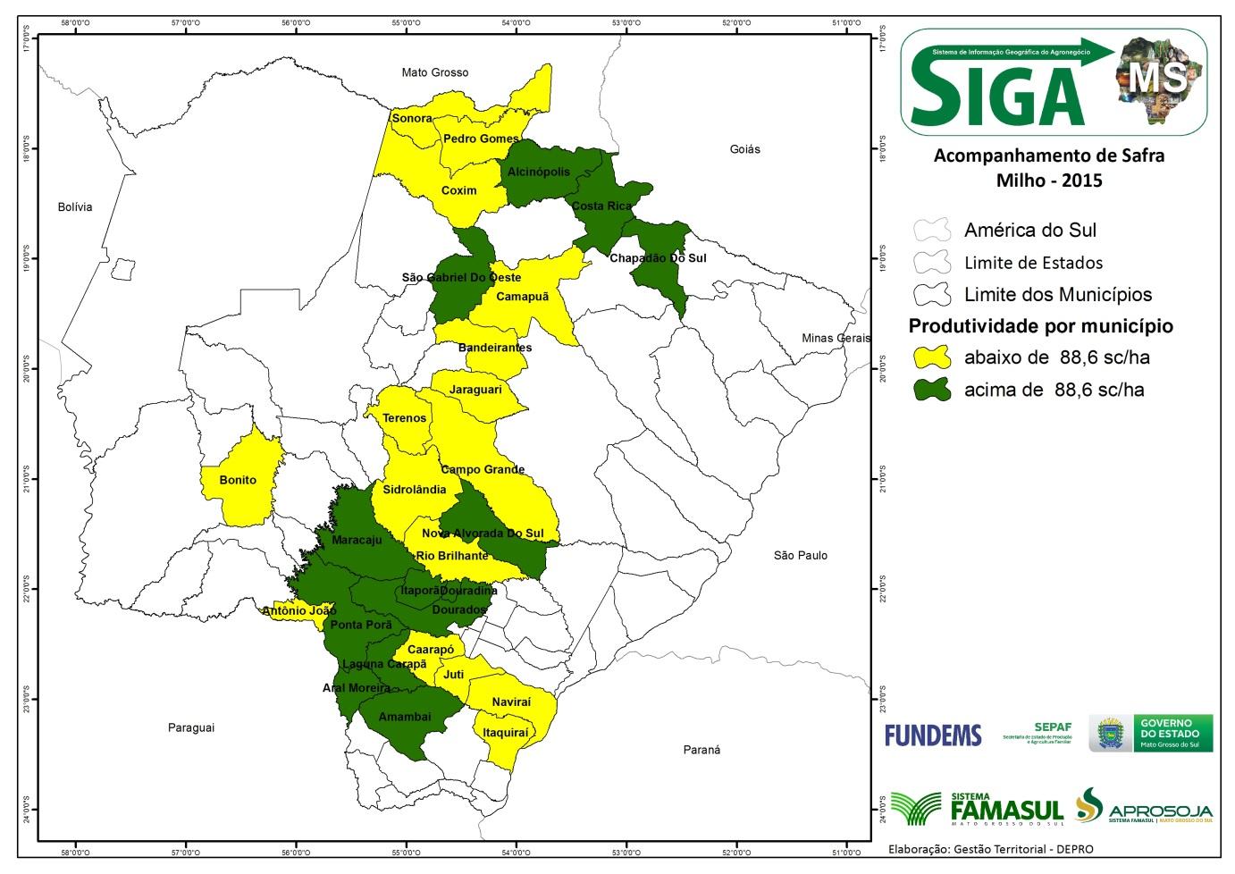 Mapa 1: resultado da produtividade por município com base na média ponderada estadual Conforme a previsão do projeto de Sistemas de Informações Geográficas do Agronegócio de MS (SIGA- MS) para a
