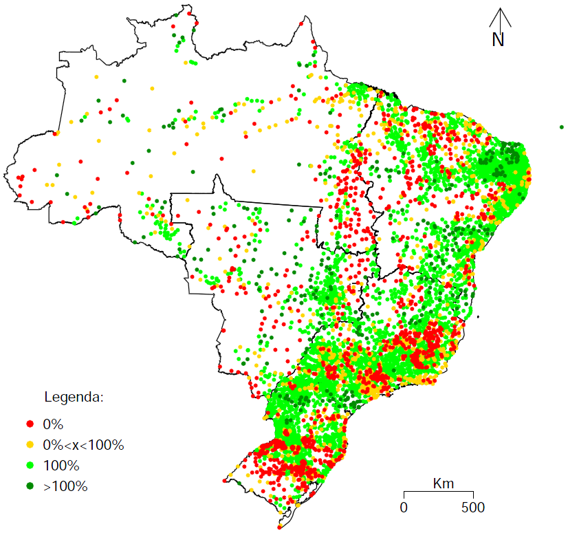 Figura 7 Porcentagem da população coberta por potencial oferta de equipamento de mamografia disponível pelo SUS considerando alcance máximo de 60 km