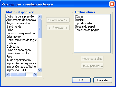 IMPRESSÃO 50 4 Clique no ícone Básico e em Personalizar. A caixa de diálogo Personalizar visualização básica é exibida. A caixa de diálogo contém os atalhos para as opções de impressão.