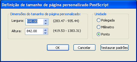 IMPRESSÃO 53 4 Selecione Tamanho de papel personalizado PostScript no menu Tamanho da página e, em seguida, clique em Personalizar.
