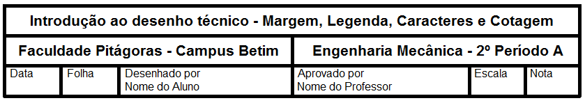 Legenda Usada para informação, indicação e identificação do desenho, a saber: designação da firma, projetista, local, data, assinatura, conteúdo do desenho, escala, número do desenho, símbolo de