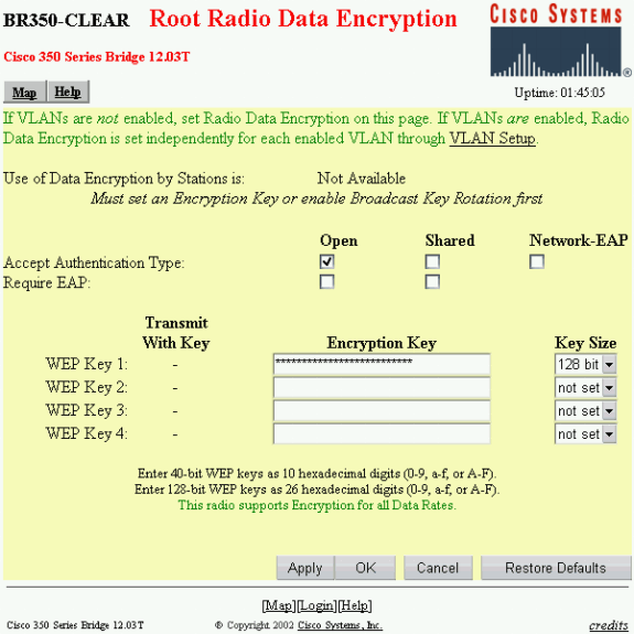 b. d. e. f. Clique a Segurança. Clique em Radio Data Encryption (WEP). Incorpore uma chave de WEP aleatória (26 caracteres hexadecimais) ao entalhe da chave de WEP 1.