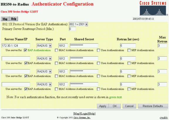 j. Clique em OK. 2. Da página da instalação de segurança, clique o Authentication Server e faça estas entradas na página: a. b.