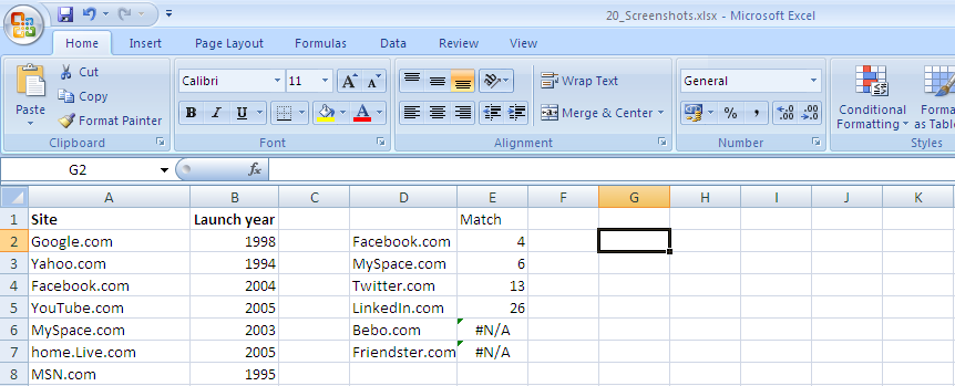 O 4 na célula E2 exibe a posição onde o Facebook.com aparece na coluna A (é o quarto item no intervalo que selecionamos). Note que, neste caso, isto inclui o cabeçalho.