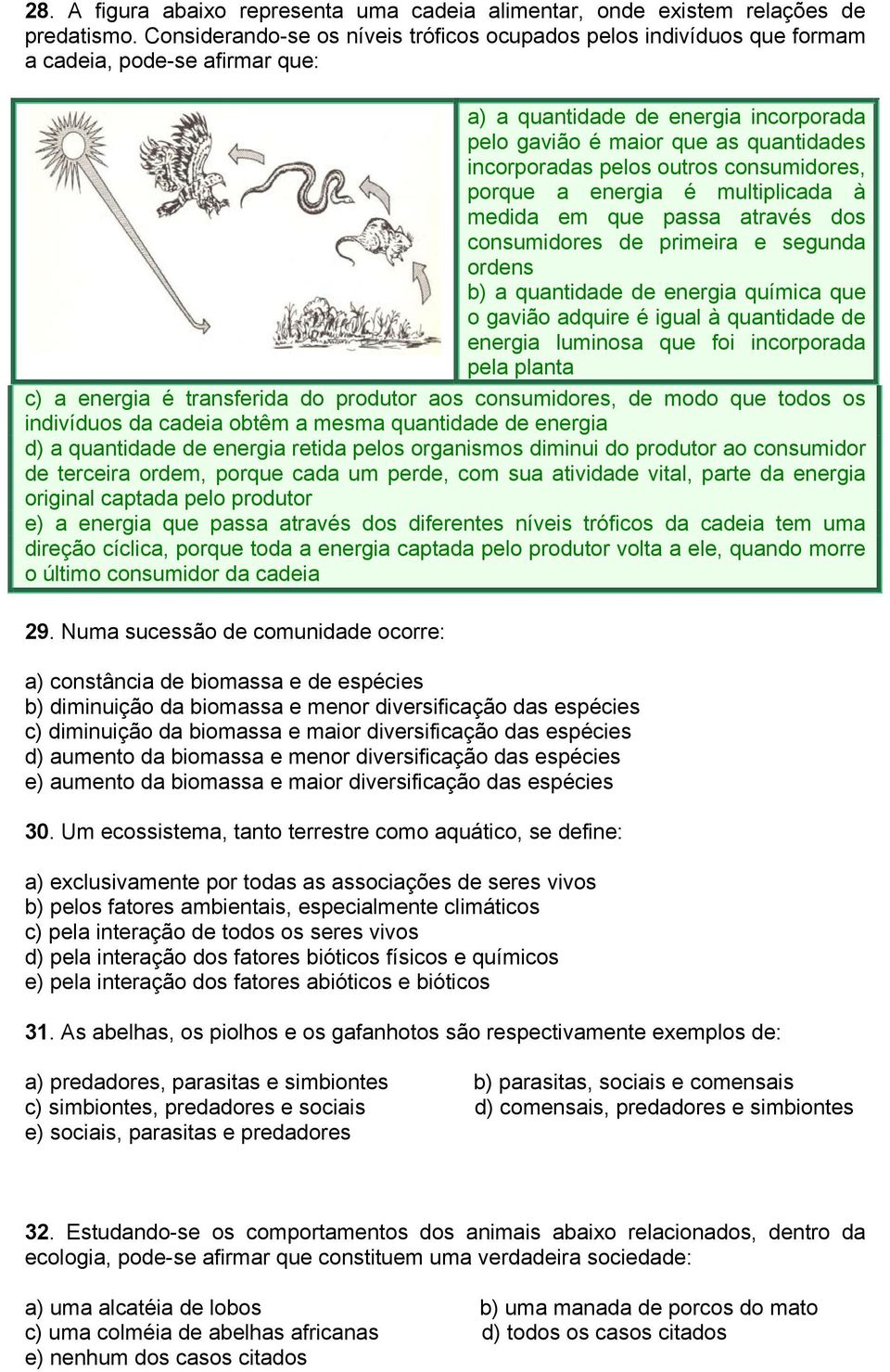 outros consumidores, porque a energia é multiplicada à medida em que passa através dos consumidores de primeira e segunda ordens b) a quantidade de energia química que o gavião adquire é igual à