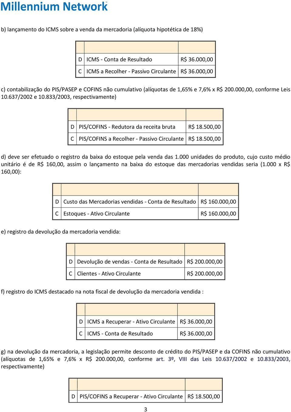 833/2003, respectivamente) D PIS/COFINS - Redutora da receita bruta R$ 18.500,00 C PIS/COFINS a Recolher - Passivo Circulante R$ 18.