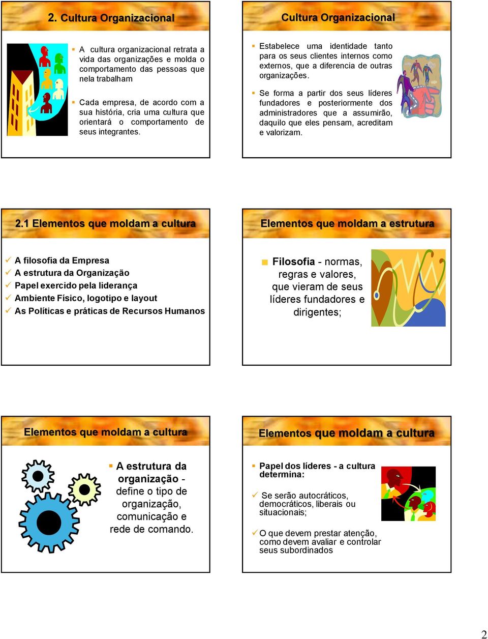 Se forma a partir dos seus líderes fundadores e posteriormente dos administradores que a assumirão, daquilo que eles pensam, acreditam e valorizam. 2.