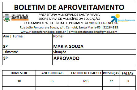 BOLETIM DOS 3º, 4º E 5ºANOS O modelo de boletim apresentado é do terceiro semestre, pois, neste período, o boletim tem todos os campos possíveis já preenchidos.