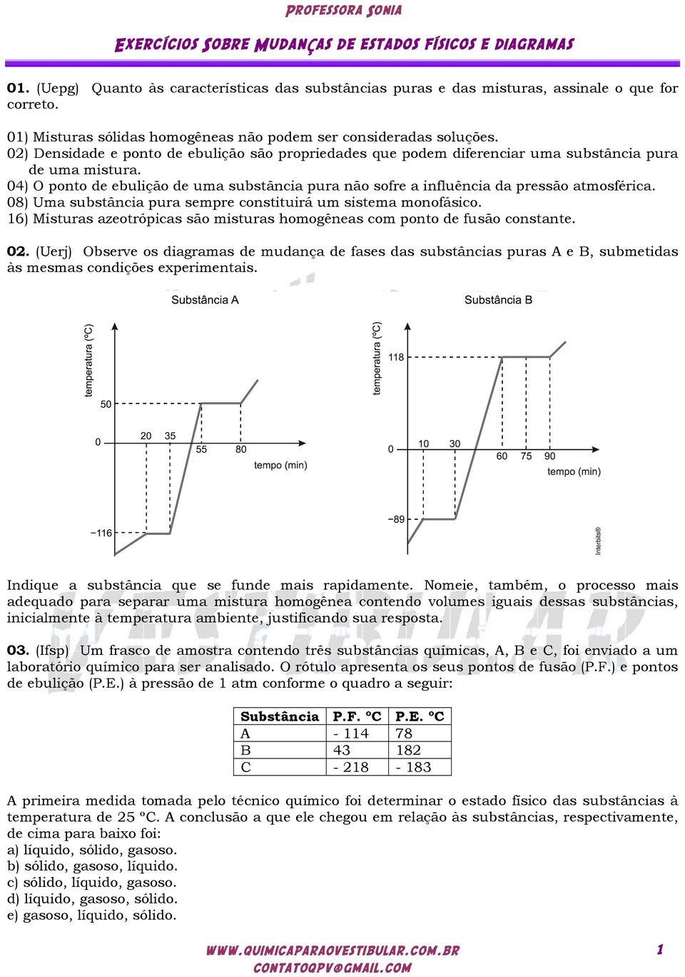 04) O ponto de ebulição de uma substância pura não sofre a influência da pressão atmosférica. 08) Uma substância pura sempre constituirá um sistema monofásico.