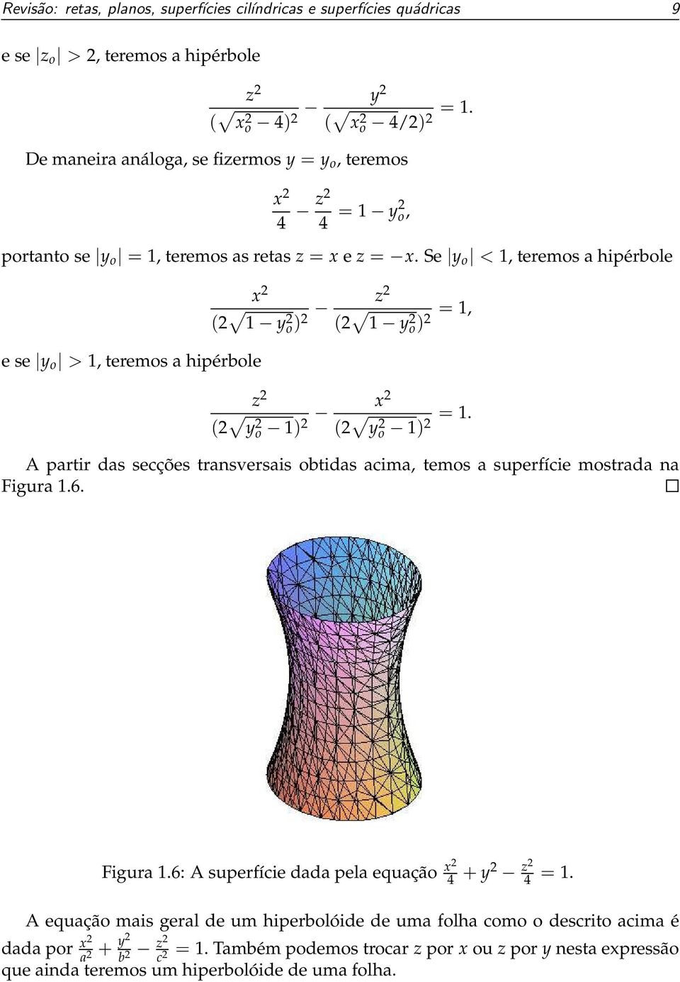 Se y o < 1, teremos a hipérbole e se y o > 1, teremos a hipérbole x 2 (2 1 y 2 o) z 2 2 (2 1 y 2 o) = 1, 2 z 2 (2 y 2 o 1) x 2 2 (2 y 2 o 1) = 1.