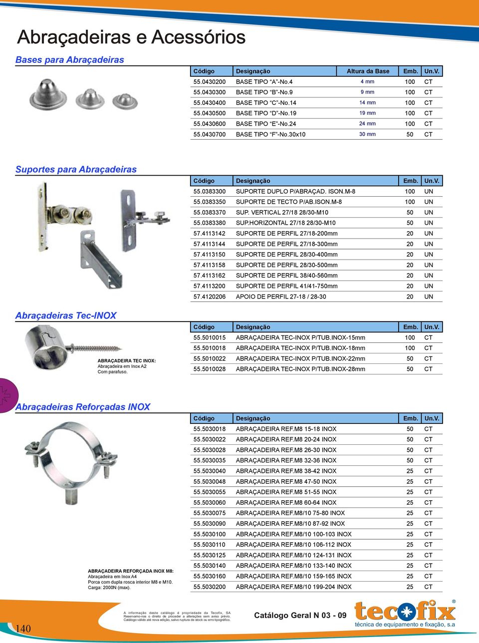 30x10 30 mm 50 CT Suportes para Abraçadeiras Abraçadeiras Tec-INOX ABRAÇADEIRA TEC INOX: Abraçadeira em Inox A2 Com parafuso. 55.0383300 SUPORTE DUPLO P/ABRAÇAD. ISON.M-8 100 UN 55.