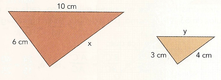 10. Os dois triângulos seguintes são semelhantes. Calcula x e y. 11. Observa a figura: 11.1. Mostra que [ ABC ] [ CDE ] ~ 11.