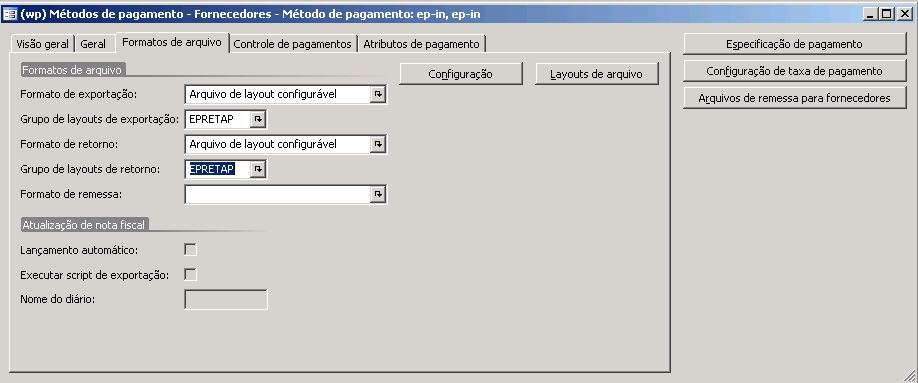 4. Selecione os grupos de layouts de exportação e de devolução nos campos Exportar grupo de layouts e Devolver grupo de layouts.