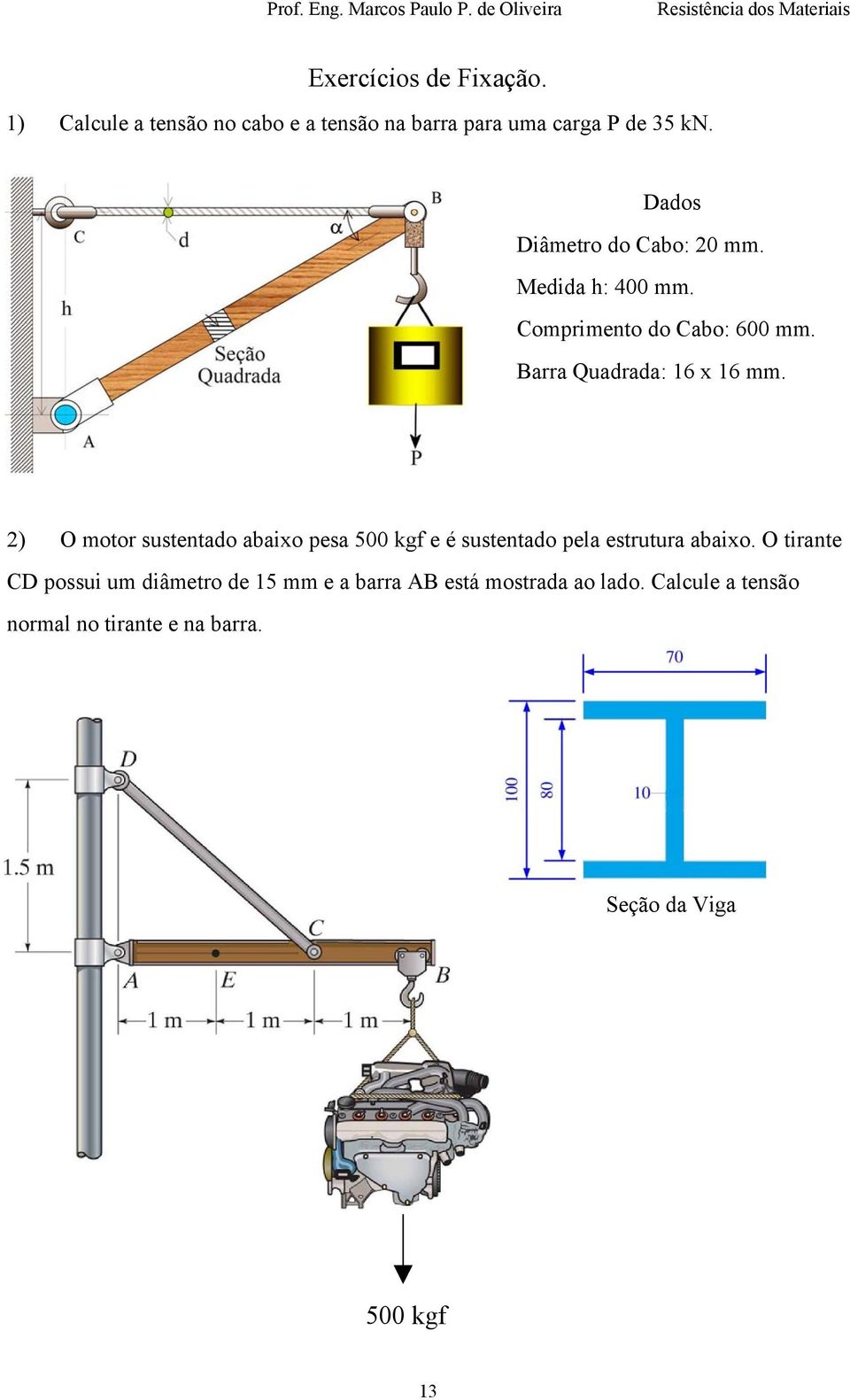 2) O motor sustentado abaixo pesa 500 kgf e é sustentado pela estrutura abaixo.