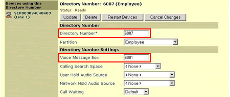 é 6001 e a Caixa de Correio de Voz foi definida para o mesmo Número de Diretório. Quando a chamada é encaminhada à unidade Cisco, ela é enviada para a caixa de correio de voz para a extensão 6001.