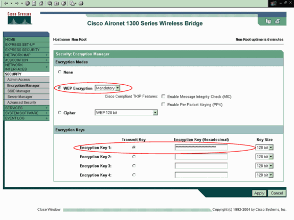 Escolha a Segurança > o gerenciador de criptografi Na área dos modos de criptografia, escolha imperativo para a criptografia de WEP e escolha WEP 128 mordido do menu suspenso ao lado da cifr c.