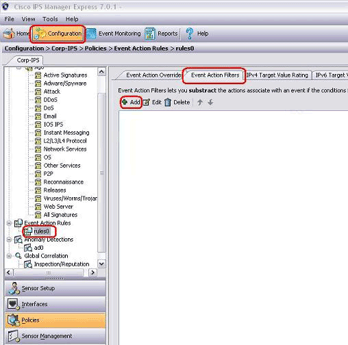 Cisco IPS seguro exclui o mecanismo Cisco IPS seguro fornece a capacidade de excluir uma assinatura específica ou a um host específico ou aos endereços de rede.