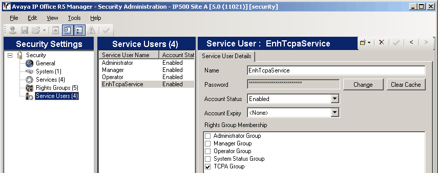 9. A lista de Usuários de serviço deverá incluir um usuário chamado EnhTcpaService. No serviço, os detalhes desse usuário deverão ser definidos como membro do Grupo TCPA.