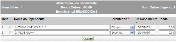 a) Informe o nome do filho (a), a opção parentesco já estará preenchida, informe a data de nascimento e, caso o filho mesmo sendo dependente, possuindo renda, informe a renda.