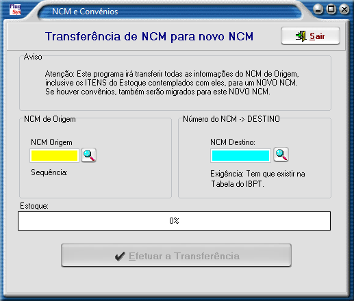 Clique em: Arquivos: -> Arquivos -> Fiscais -> Tabela de Códigos NCM -> IBPT -> Transferência de NCM para outro NCM.