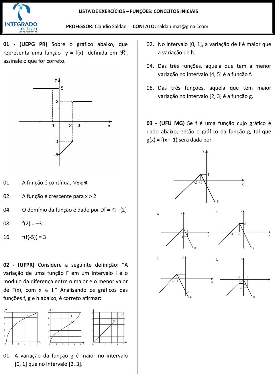 tem maior variação no intervalo [, ] é a função g 0 - (UFU MG) Se f é uma função cujo gráfico é dado abaio, então o gráfico da função g, tal que g() = f( ) será dada por 0 A função é contínua, R - -