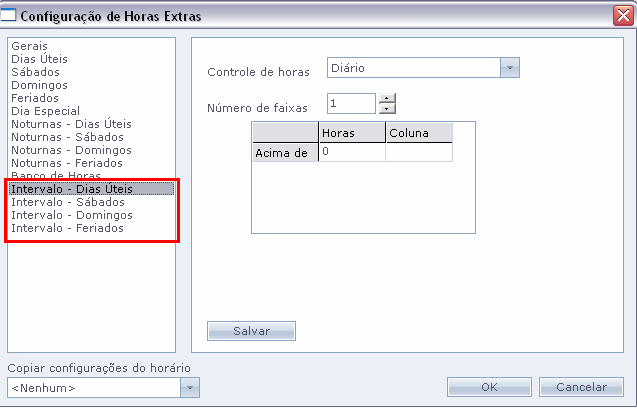 Intervalo Dias Úteis Intervalo - Sábados Intervalo - Domingos Intervalo Feriados Horas extras de intervalos de segunda-feira a