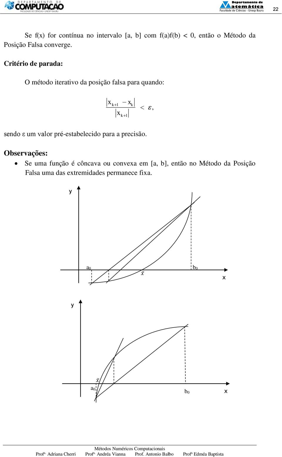 Critério de parada: O método iterativo da posição falsa para quando: k 1 k 1 k, sendo ε um