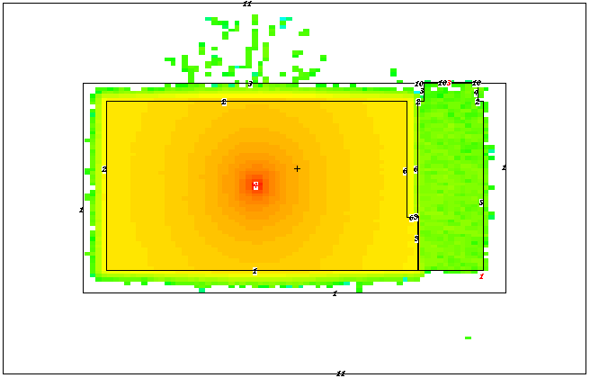 Fig 2. Geometria do bunker em MCNPX (corte XY) Fig 3. Mesh Tally utilizada em MCNPX (corte XY) Fig 4. Geometria do bunker em MCNPX (corte YZ) Fig 5.