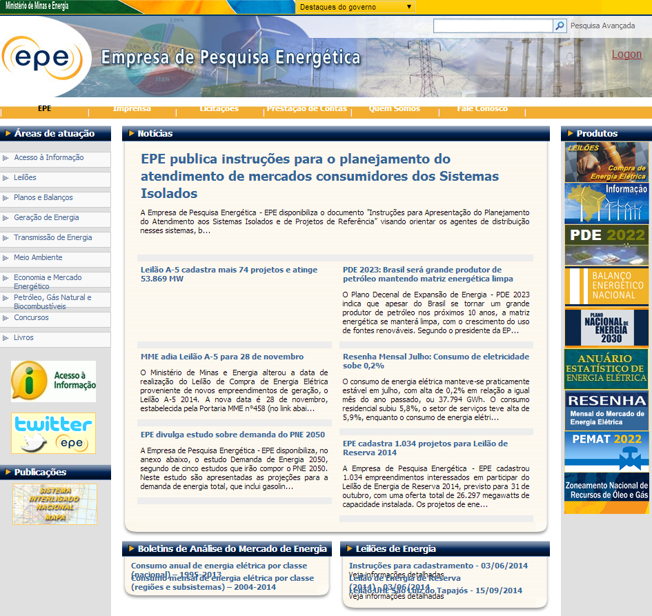 As Instruções para Projetos Alternativos foram publicadas no site da EPE no dia 25 de setembro de 2014. As Figuras abaixo apresentam imagens do site da EPE (www.epe.gov.