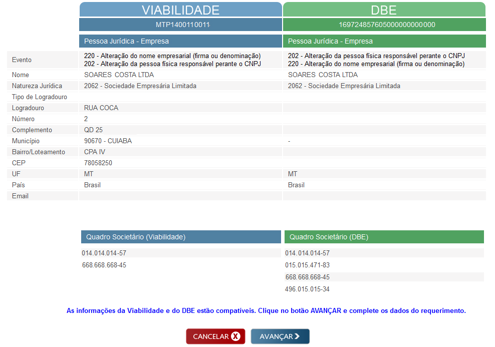 Aparece a tela de Confirmação Viabilidade e DBE. Nesta tela são mostrados os dados existentes na Viabilidade e no DBE da RFB.