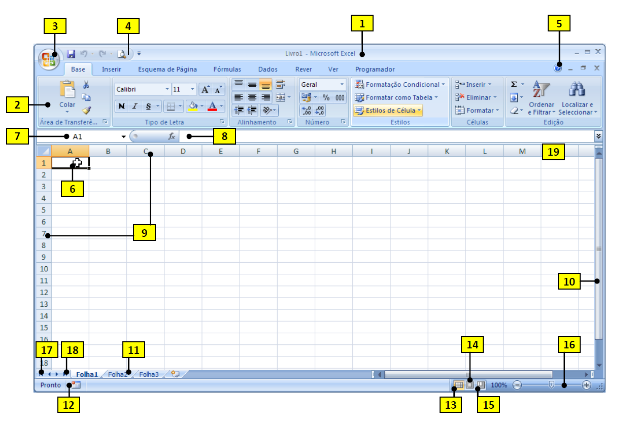 1. Ambiente de Trabalho 1.1. O Ambiente de Trabalho do Microsoft Excel 2007 Um documento no Excel chama-se um livro; cada livro pode ter uma ou mais folhas (de cálculo).