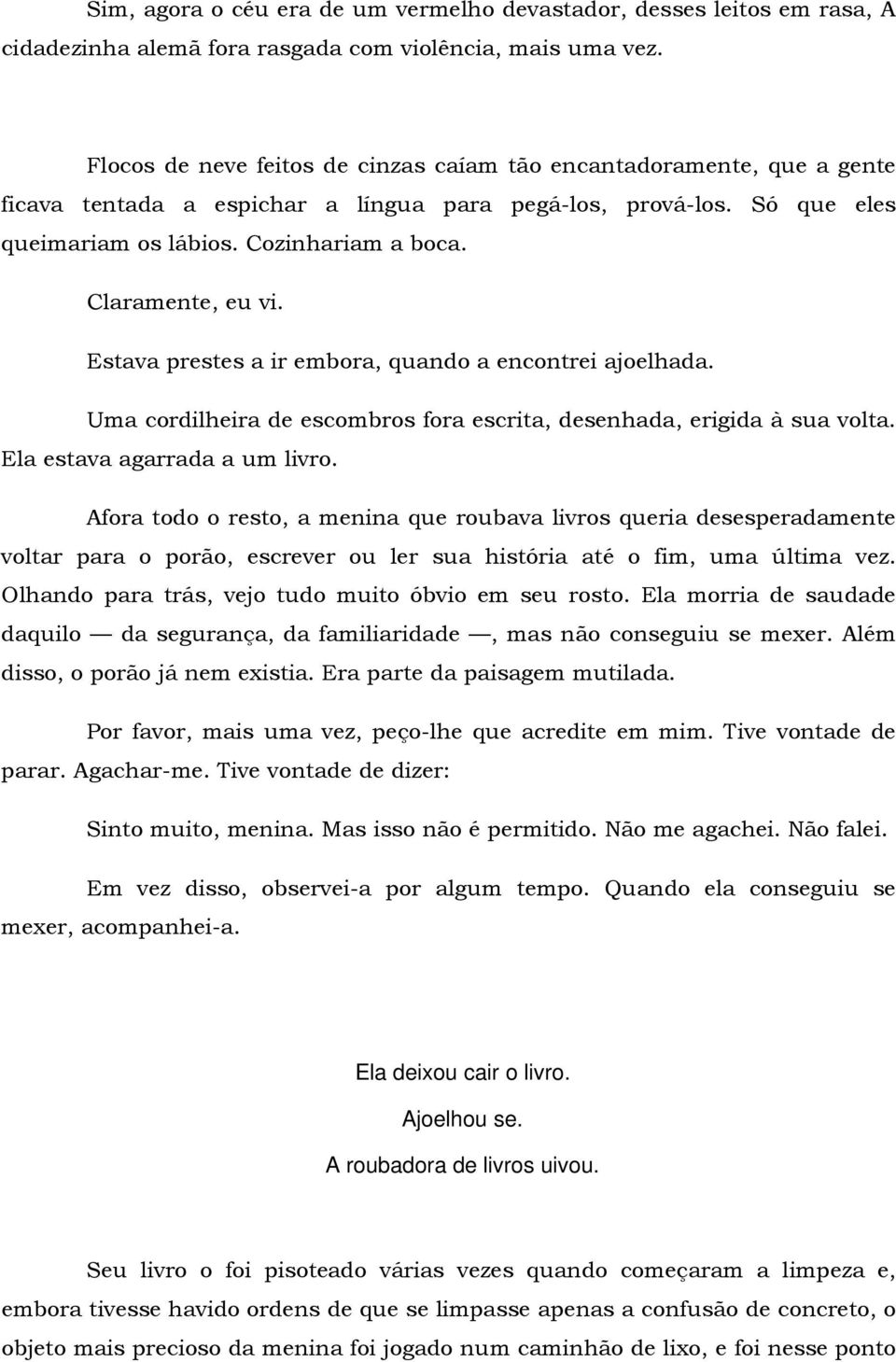 Claramente, eu vi. Estava prestes a ir embora, quando a encontrei ajoelhada. Uma cordilheira de escombros fora escrita, desenhada, erigida à sua volta. Ela estava agarrada a um livro.