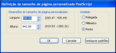 IMPRESSÃO 54 4 Selecione Tamanho de página personalizado PostScript no menu Tamanho do documento e, em seguida, clique em Personalizar.